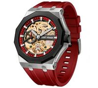 DAXIAOYU Vollautomatische mechanische Tourbillon-Herrenuhr mit leuchtendem ausgehöhltem Skelett-Zifferblatt, Silikonarmband, wasserdichte Business-Uhren, Rot/Ausflug, einfarbig (Getaway Solids