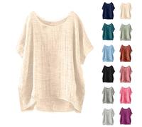 Day Prime Sommer locker Oversized Leinenbluse Kurzarm Vintage Leichte Bluse Basic Rundhals Damen T-Shirt Lässiges Bequemes Modisch Licht Hemdbluse Lässiges Atmungsaktive Elegante Blusenshirt
