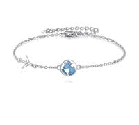 DAYLINLOVE Flugbegleiterin Geschenke Armband 925 Sterling Silber Opal Weltkarte Flugzeug Glieder Armbänder Reisen Schmuck Geschenke für Damen Frauen Mädchen Reisende