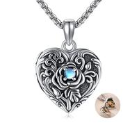 DAYLINLOVE Medaillon Kette Bildern 925 Sterling Silber Rose Mondstein Herzform Anhänger Halskette Foto Medaillon Blume Schmuck Geschenk für Damen Mädchen Rosen Liebhaber