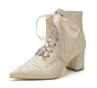 DAYOBOB Frauen-Satin-Stiefel mit Spitze Zehen & Blockabsatz - Gala & Hochzeits-Booties 35-43,Champagne,40