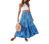 Daysskk Boho Rock Lang Damen Sommerrock Blumen Maxirock Damen Sommer Strandrock Damen Bohemian Langer Rock Damen Sommer Blau XL