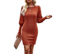 Daysskk Elegantes Strickkleid Damen Festlich Langarm Orange Winter Pulloverkleid Elegant Minikleid Herbst XL