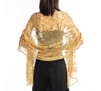 DAZZLEEX Langer, glitzernder Pailletten-Schal, durchscheinend, Tüll, Spitze, Stickerei, Schal, Wickelschal für Damen, Abend-, Hochzeits-, Party-, alle Jahreszeiten, 63 x 185 cm, Polyester (Gold)