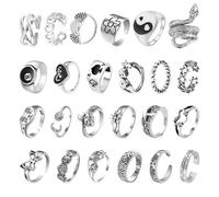 DAZZLUXE 24 Stück Vintage-Ringe, Silberring-Set, Verstellbare Unisex-Ringe, Punk, Gothic, Schlangen und Coole Stapelringe