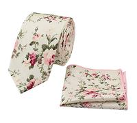 DB Dickie Bow Herren-Krawatte und Einstecktuch aus luxuriöser Baumwolle, Blumenmuster, schmal, cremefarben/blumenmuster, Tie Length: 145cm. Pocket Square: 23cm x 23cm