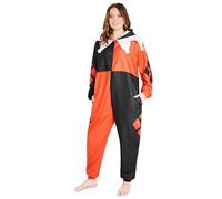 DC Comics Harley Quinn Damen Fleece Jumpsuit mit Kapuze, kuscheliger Overall - Geschenke für Frauen(Rot/Schwarz, M)