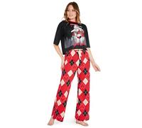 DC Comics Harley Quinn Damen lang Pyjama Set, weich & atmungsaktiv, Schlafanzug für Frauen (Schwarz/Rot, M)