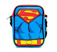 DC Comics Umhängetasche aus veganem Leder mit verstellbaren Trägern, Superman-Charakter, Nahaufnahme mit Super-Logo und Gürtelapplikationen, Blau, Blau, 8.0" x 6.5"