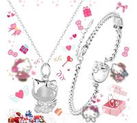 dcas 2 Stück Kätzchen Halskette Armband Set, Kitty Halsketten Verstellbarer, Kätzchen Halskette Armband 925 Silber, Kawaii Schmuck Mädchen, Cartoon-Tier Katze Halskette Kette Schmuck Geschenke