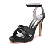 Dcbdx Damen Satin High Heels 11cm Stiletto Plateau-Sandaletten, Elegante Peep Toe Knoten Brautschuhe für Hochzeit & Abend mit Strass-Knöchelriemen,Schwarz,40 EU