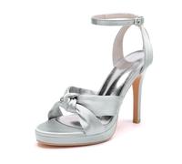 Dcbdx Damen Satin High Heels 11cm Stiletto Plateau-Sandaletten, Elegante Peep Toe Knoten Brautschuhe für Hochzeit & Abend mit Strass-Knöchelriemen,Silber,37 EU
