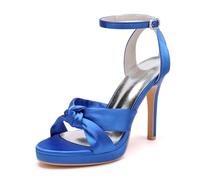 Dcbdx Damen Satin High Heels 11cm Stiletto Plateau-Sandaletten, Elegante Peep Toe Knoten Brautschuhe für Hochzeit & Abend mit Strass-Knöchelriemen,Blau,36 EU