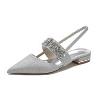 Flache Slingpumps Damen Strass Offene Absatzschuhe Bequeme Spitze Zehen Ballett Flache Schuhe,Silber,39 EU