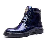 Dcbdx Herren Lederstiefel Winterschuhe mit Schlangenmuster Runde Zehe Schnürstiefeletten Taktische Militärstiefel,Blau,40 EU
