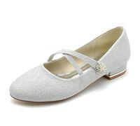 Dcbdx Runde Zehe Flachs Schuhe Damen Glitter Mary Jane Flats Klassische Strass Flache Ballerinas mit Riemchen Gekreuzten,Silber,42 EU