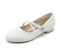 Dcbdx Runde Zehe Flachs Schuhe Damen Glitter Mary Jane Flats Klassische Strass Flache Ballerinas mit Riemchen Gekreuzten,Weiß,43 EU