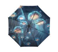 DDDIYEU Blaue Qualle Dunkle Meer Kunst Automatikfunktion Winddichter Reise Regenschirm Kompakter Schirm Mit UPF 50+ Sonnenschutz Ideal für Jugendliche