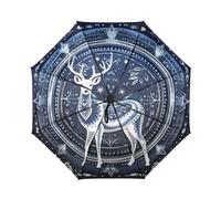 DDDIYEU Blauer Hirsch Der Abstrakten Kunst Automatikfunktion Winddichter Reise Regenschirm Kompakter Schirm Mit UPF 50+ Sonnenschutz Ideal für Jugendliche