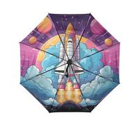 DDDIYEU Blaues Raketen Schiff Der Karikatur Kunst Automatikfunktion Winddichter Reise Regenschirm Kompakter Schirm Mit UPF 50+ Sonnenschutz Ideal für Jugendliche