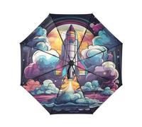 DDDIYEU Cooles Raketen Schiff Der Karikatur Kunst Automatikfunktion Winddichter Reise Regenschirm Kompakter Schirm Mit UPF 50+ Sonnenschutz Ideal für Jugendliche