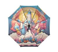 DDDIYEU Rosafarbene Rakete Der Karikatur Kunst Automatikfunktion Winddichter Reise Regenschirm Kompakter Schirm Mit UPF 50+ Sonnenschutz Ideal für Jugendliche