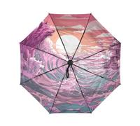 DDDIYEU Wolf Meer Welle Rosa Kunstwerk Automatikfunktion Winddichter Reise Regenschirm Kompakter Schirm Mit UPF 50+ Sonnenschutz Ideal für Jugendliche