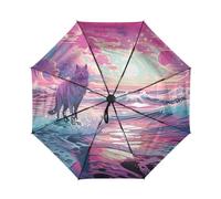 DDDIYEU Wolf Rosa Meer Kunst Automatikfunktion Winddichter Reise Regenschirm Kompakter Schirm Mit UPF 50+ Sonnenschutz Ideal für Jugendliche