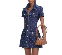 DDFWSSVC Damen Kurzärmeliges Revers Button-Down-Denim-Kleid Mini-Jeanskleid mit Taschen,Blau,M