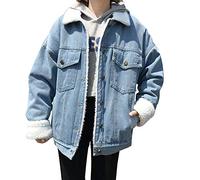 De feuilles Oversize Jeansjacke mit Fell gefütterte Denim Jacke,für Damen Mädchen Revers Winterjacke Coat Damenjacke Wintermantel Outerwear Knopf mit Taschen,(künstlicher Fell) 40EU blau