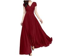 DeaAmyGline Abendkleid Damen Lang Maxikleid V-Ausschnitt Wickelkleid Chiffon Kleider Festlich Elegant Kurzarm Abendkleider Hochzeit Gast Kleid Swing Ballkleid Partykleid Abiballkleider für Fauen