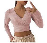 DeaAmyGline Crop Tops Damen Langarm - Enge Oberteile Stricktop Basic Langarmshirt V Ausschnitt Wickel Slim Fit Cropped Pullover Sexy Tee Top Pulli Sweatshirt Kurze T-Shirts Frauen Herbst Winter
