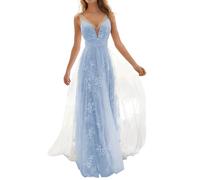 DeaAmyGline Damen Abendkleid Lang - Hochzeitskleid Spitzen V-Ausschnitt, Elegant, Hochzeit, Brautkleid, Brautjungfernkleider, Ballkleid, Partykleid für Frauen, XL, Blau