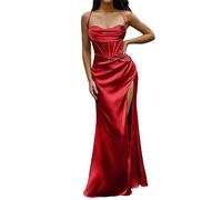 DeaAmyGline Damen Abendkleid Lang Maxikleid Trägerkleid Rückenfreies Kleider Sexy Korsett Satinkleid mit Schlitz Seidensticker Abendkleider Elegant Ballkleid Partykleid Abiball Fauen Kleider