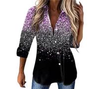 DeaAmyGline Damen Glitzer Bluse Festlich Pailetten Oberteile V Ausschnitt Knopfleiste Shirt Langarm Hemd Blusenshirt Locker Lässig Party Oberteil Hemdbluse Langarmshirt Blusen Tuniken Frauen