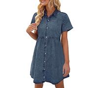 DeaAmyGline Damen Jeanskleid Knielang Sommerkleid Midi Jeans Kleid Sommer Kurzarm Revers Knopfleiste Flowy Tiered Babydoll Denim Kleider Oversized Aesthetic Mode Fauen Freizeitkleid