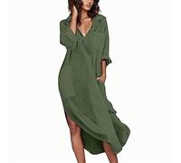 DeaAmyGline Damen Leinenkleid Sommer Hemdkleid Lang Sommerkleid Leicht und Luftig mit Taschen Einfarbig Knopfleiste Lange Hemdblusenkleid Kaftan Baggy Bikini Cover Up Strandkleid Blusenkleid Frauen