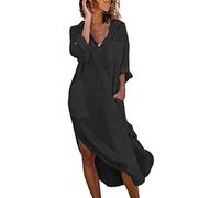 DeaAmyGline Damen Leinenkleid Sommer Hemdkleid Lang Sommerkleid Leicht und Luftig mit Taschen Einfarbig Knopfleiste Lange Hemdblusenkleid Kaftan Baggy Cover Up Strandkleid Blusenkleid Frauen
