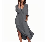 DeaAmyGline Damen Leinenkleid Sommer Hemdkleid Lang Sommerkleid Leicht und Luftig mit Taschen Einfarbig Knopfleiste Lange Hemdblusenkleid Kaftan Baggy Bikini Cover Up Strandkleid Blusenkleid Frauen