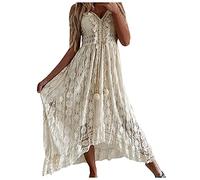 DeaAmyGline Damen Sommerkleid Lang Boho Kleid Spitzenkleid Strandkleid Sommer Trägerkleid Sexy V-Ausschnitt Maxikleid Spaghetti Träger Lange Kleider Ballkleid Fauen Partykleid Freizeitkleid