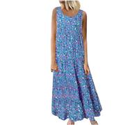 DeaAmyGline Damen Sommerkleid Lang Maxikleid Blumenkleid Strandkleid Sommer Boho Kleid Vintage Blumen Ärmelloses Tank Lange Kleider Elegant Große Größen Rundhals Fauen Partykleid Freizeitkleid