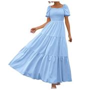 DeaAmyGline Damen Sommerkleid Lang Strandkleid Sommer Maxikleid Boho Kleid Smocked Puffärmel A-Linie Swing Flowy Einfarbig Lange Kleider Elegant Partykleid Abendkleid Fauen Freizeitkleid