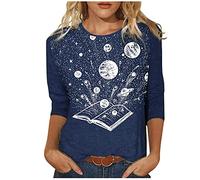 DeaAmyGline Damen T Shirt 3/4 Arm Oberteile Sommer Bluse Elegant Pullover mit Lässig Bedrucken Rundhals T-Shirt Locker Lässig Tunika Top Mode Tee Blusen Tuniken Frauen Teenager Mädchen