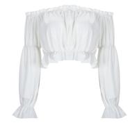 DeaAmyGline Dirndl Bluse Damen Weiß - Dirndlbluse Damen Langarm Puffärmel Schulterfrei Rüschen Elegant Trachtenbluse Weiss Dirndlblusen Modern Trachtenblusen für Oktoberfest Kleidung Trachten Blusen