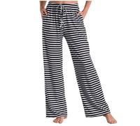 DeaAmyGline Gestreifte Pyjamahose Damen Lang - Schlafhose Damen Baggy Pyjama Hosen mit Taschen und Kordelzug Schwarz Weiss Streifen Weites Bein Loungehose Schlafanzughose Freizeithose Yogahose