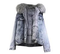 DeaAmyGline Jeansjacke Damen mit Fellkapuze Fleece Gefüttert Dicke Warme Jeansmantel Kurze Jeans Jacke Mantel Winterjacke Wintermantel übergangsjacke