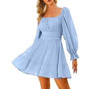 DeaAmyGline Kleid Langarm Damen Chiffonkleid Quadratischer-Ausschnitt Minikleid Plissee Rüschen Rückenfreies Kleider Festlich Elegant Puffärmel Slim Fit A Linien Midikleid Partykleid für Frauen