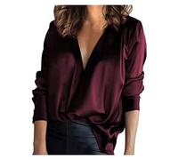 DeaAmyGline Langarmshirt Damen V Ausschnitt - Satin Bluse Elegant Seidenbluse Tunika Top Langarm T Shirt Oberteile Seidenhemd Locker Lässig Sexy Blusenshirt Hemd Tops Blusen & Tuniken für Frauen
