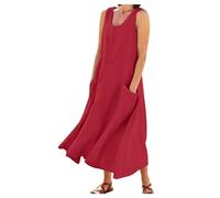 DeaAmyGline Leinenkleid Damen Sommer Lang Sommerkleider Leicht und Luftig Ärmelloses Strandkleid Boho Kleid mit Taschen Tank Maxikleid Baumwolle Leinen Kleider Lockerer Freizeitkleid