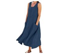 DeaAmyGline Leinenkleid Damen Sommer Lang Sommerkleider Leicht und Luftig Ärmelloses Strandkleid Boho Kleid mit Taschen Tank Maxikleid Baumwolle Leinen Kleider Lockerer Freizeitkleid